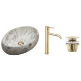 Set Aufsatzwaschbecken Linda stone + Waschbeckenarmatur Lungo gold + Stöpsel gold