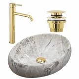 Set Aufsatzwaschbecken Linda stone + Waschbeckenarmatur Lungo gold + Stöpsel gold