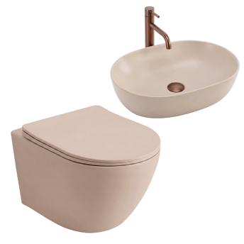 Ensemble WC Suspendu Focus + Lavabo à Poser Rea Focus Taupe