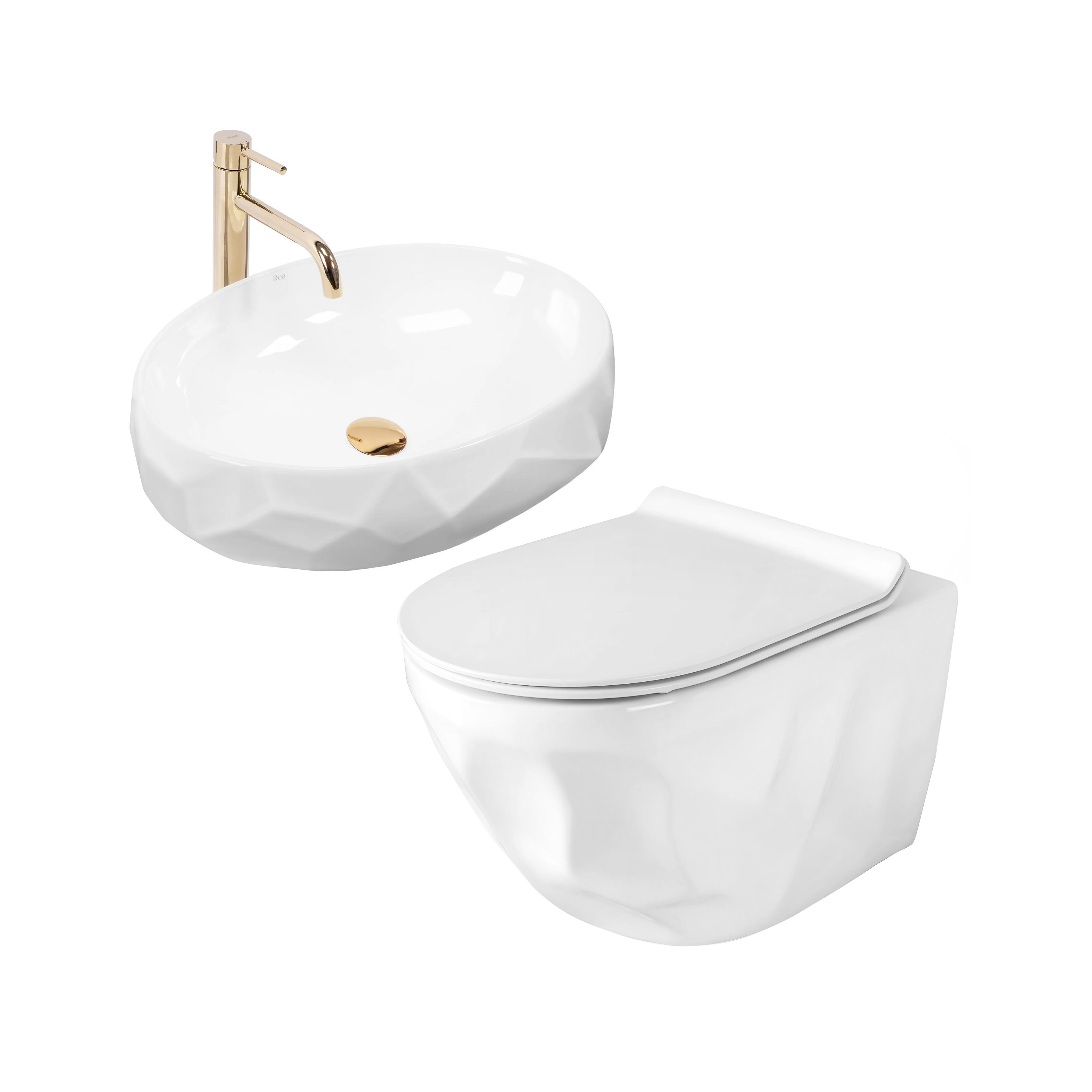 Pakabinamo WC puodo REA Gustavo Rimless ir stalviršio praustuvo Maya komplektas
