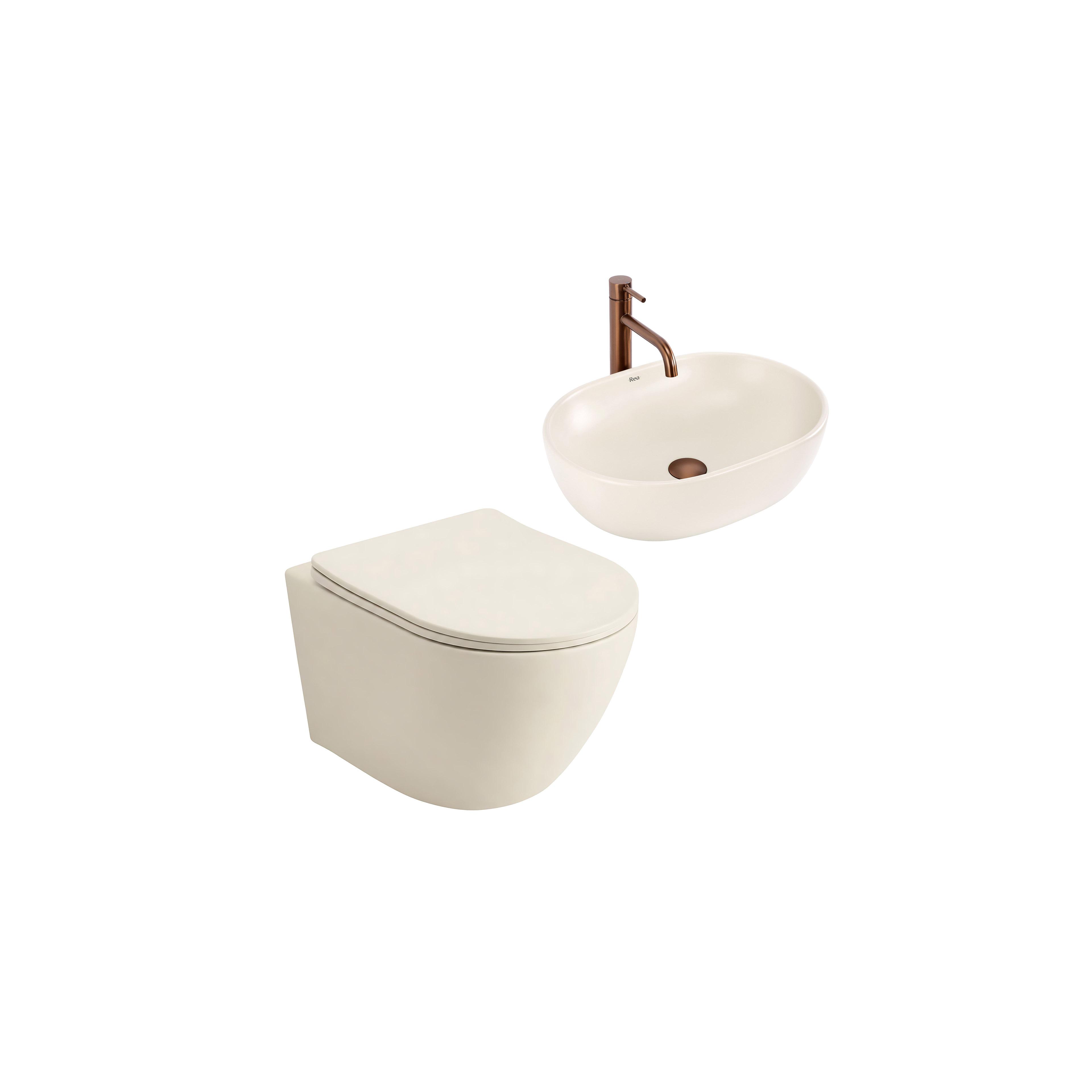 Set: Wall-Hung WC Bowl Focus + Countertop Washbasin Rea Focus Creme