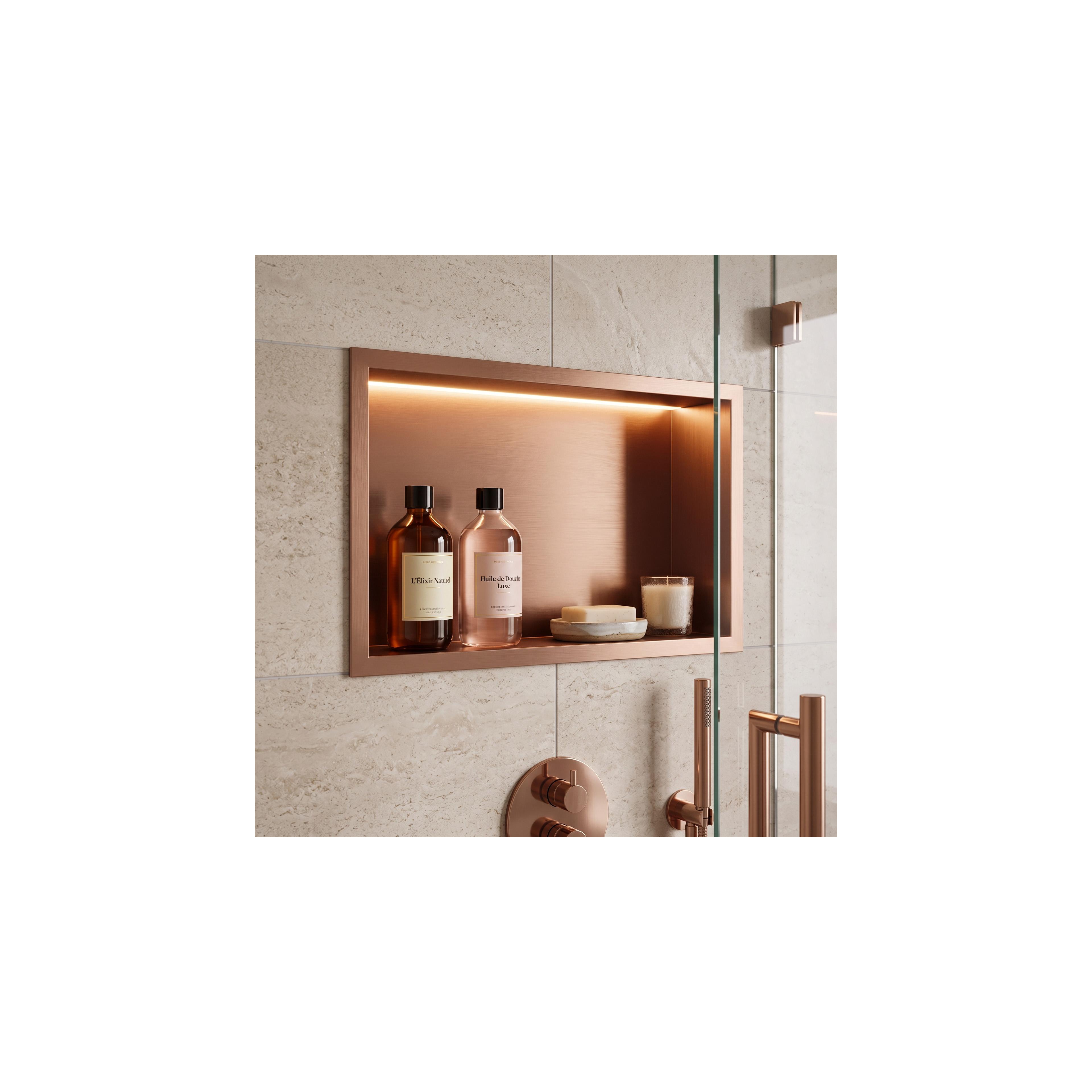 WANDEINBAU-BADEZIMMERREGAL LED 30x45 brush copper