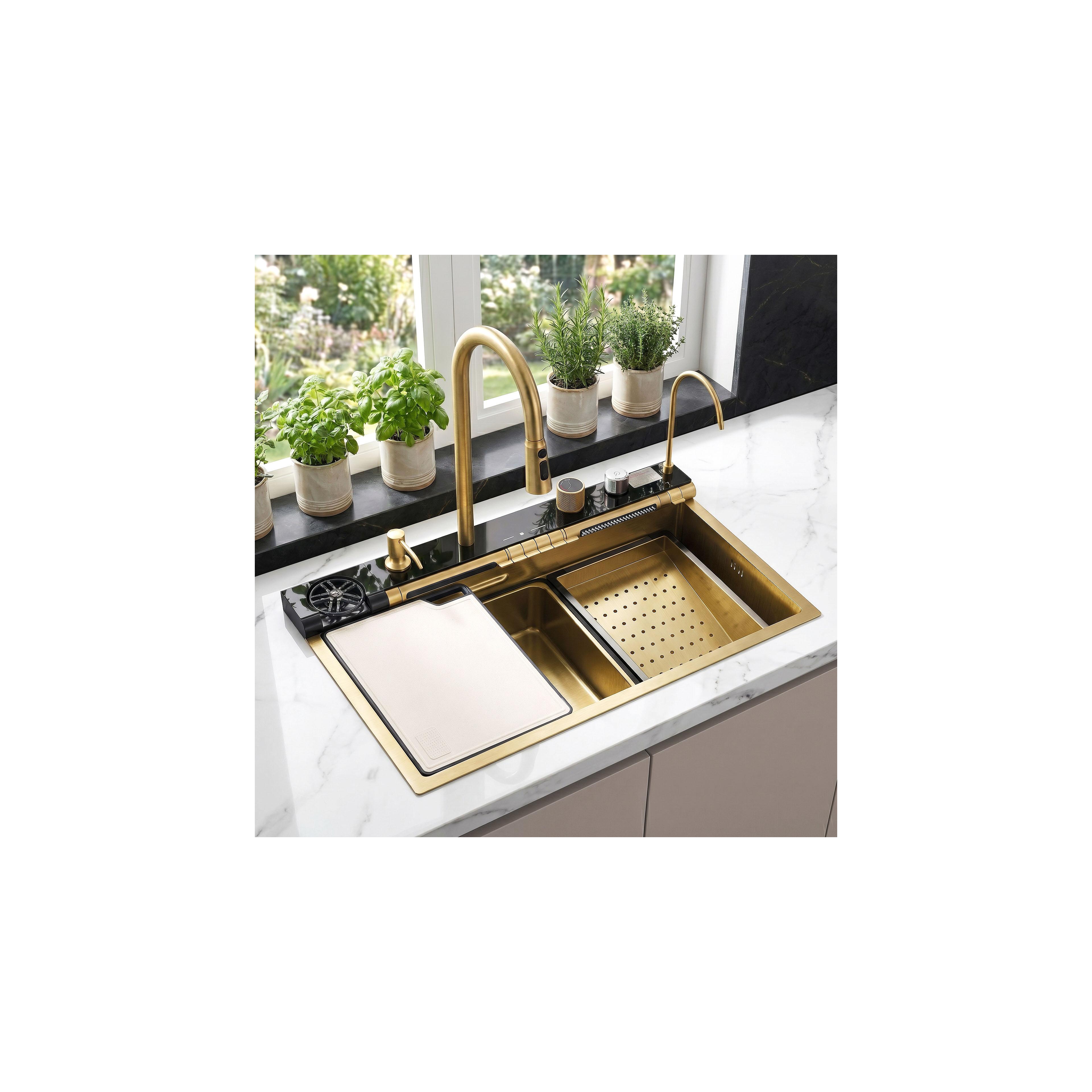 Multifunktionale 10-in-1-Stahlspüle REA Alonzo Brush Gold