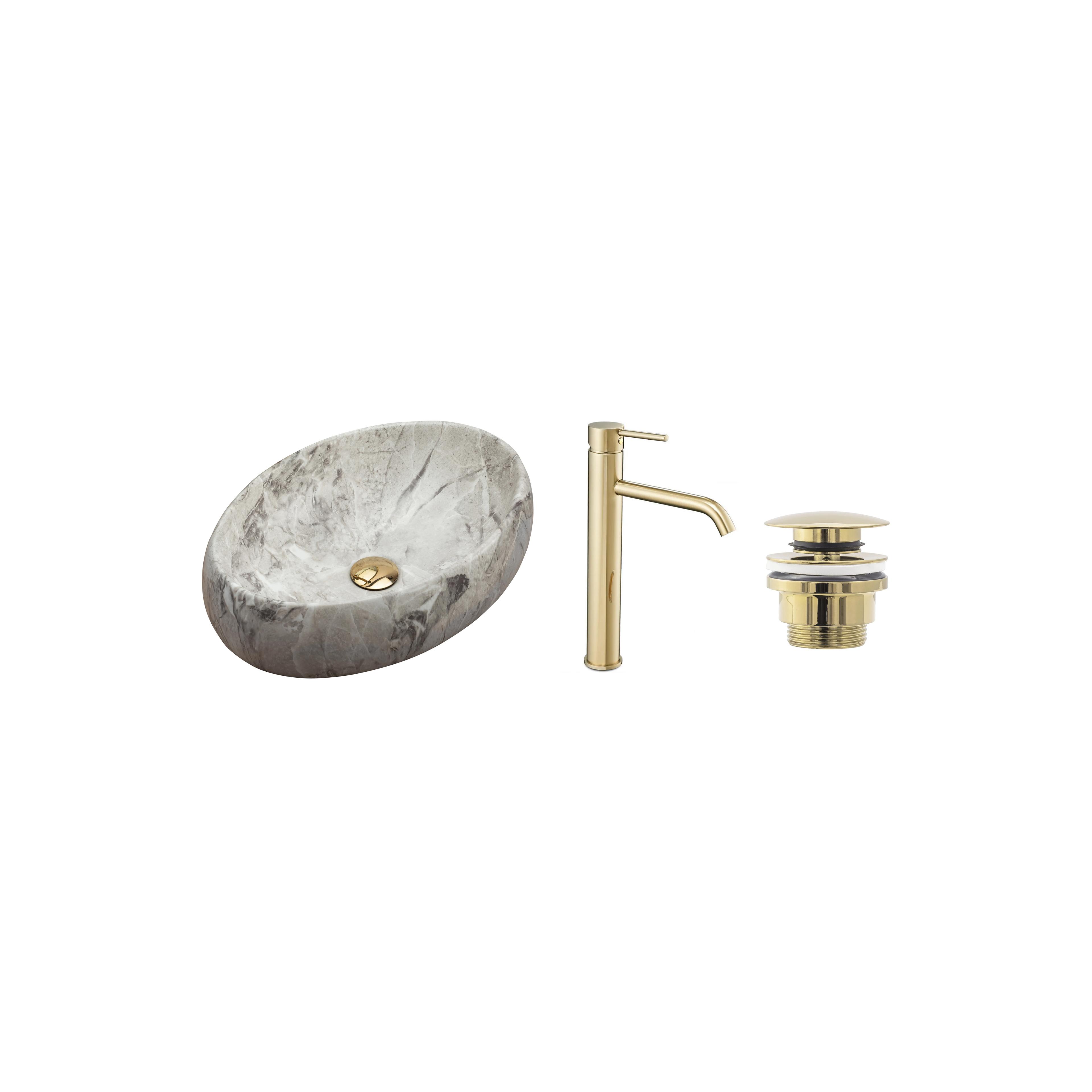 Set Aufsatzwaschbecken Linda stone + Waschbeckenarmatur Lungo gold + Stöpsel gold