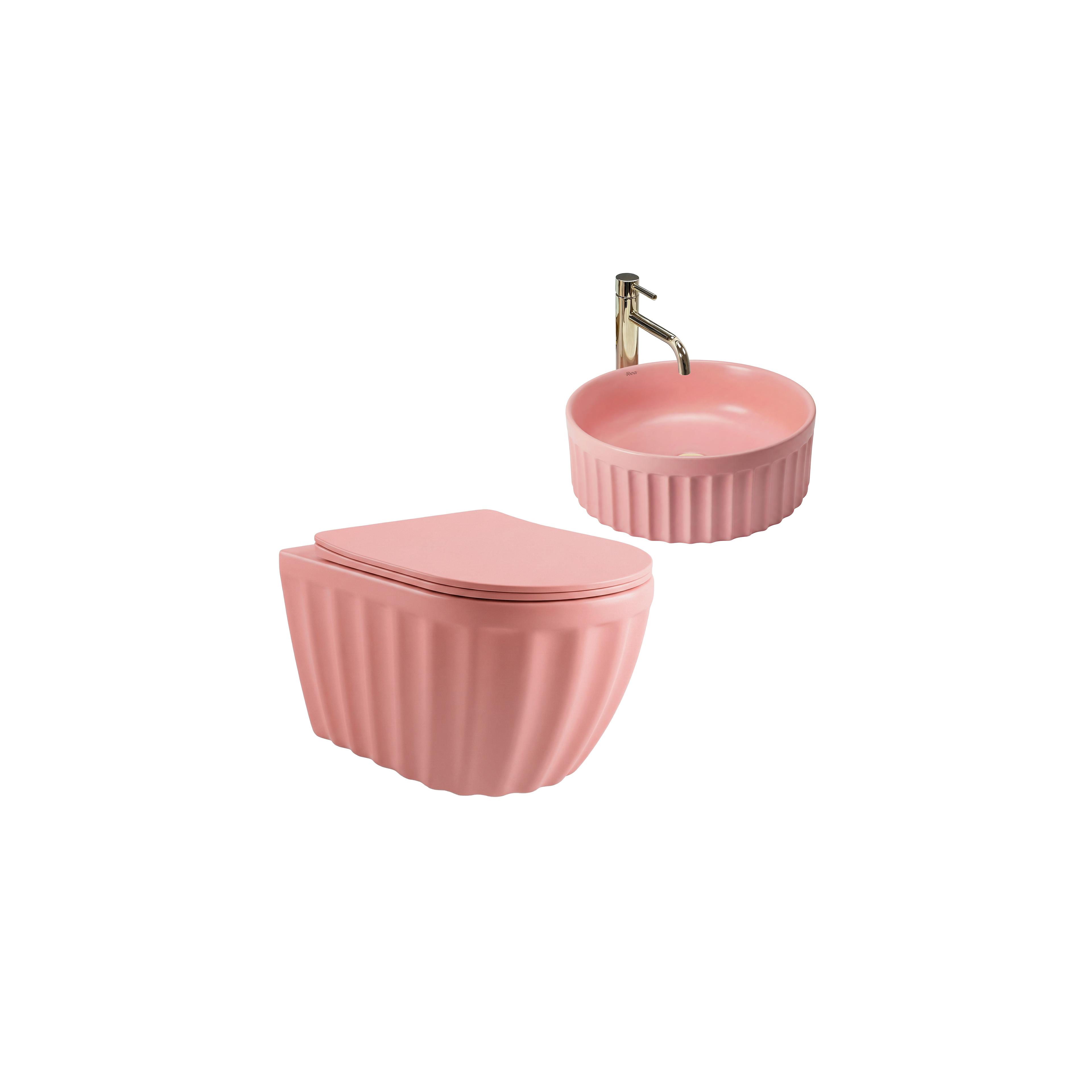 Zestaw Misa WC Duo podwieszana + Umywalka nablatowa Rea Duo Sweet Pink Matt