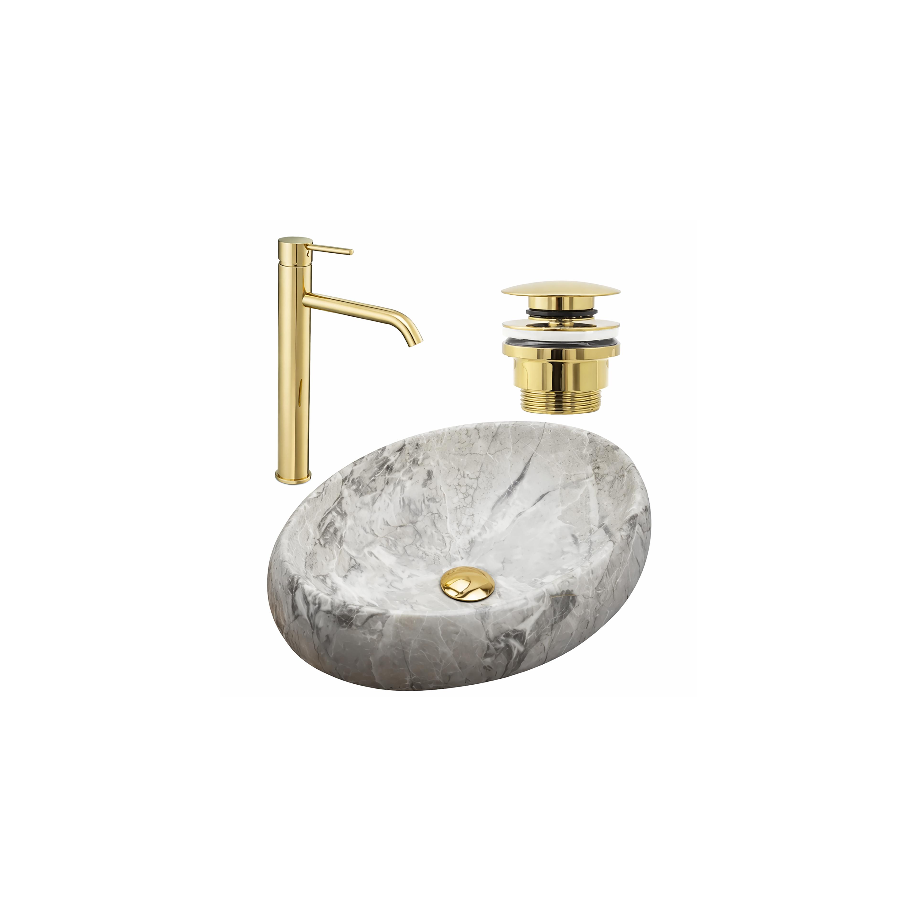 Set Aufsatzwaschbecken Linda stone + Waschbeckenarmatur Lungo gold + Stöpsel gold