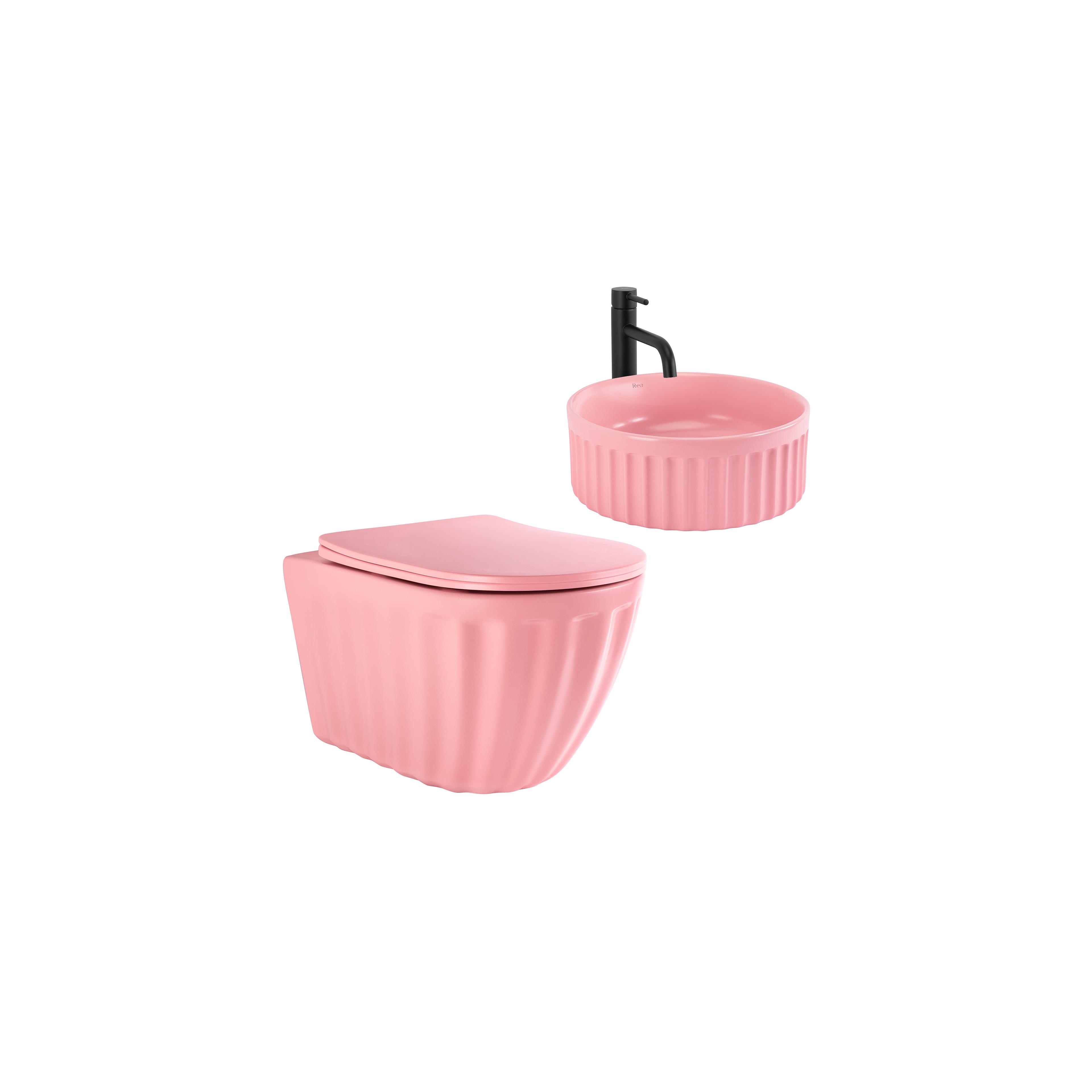 Set: Wall-hung toilet bowl + Countertop washbasin Rea Light Pink Matt