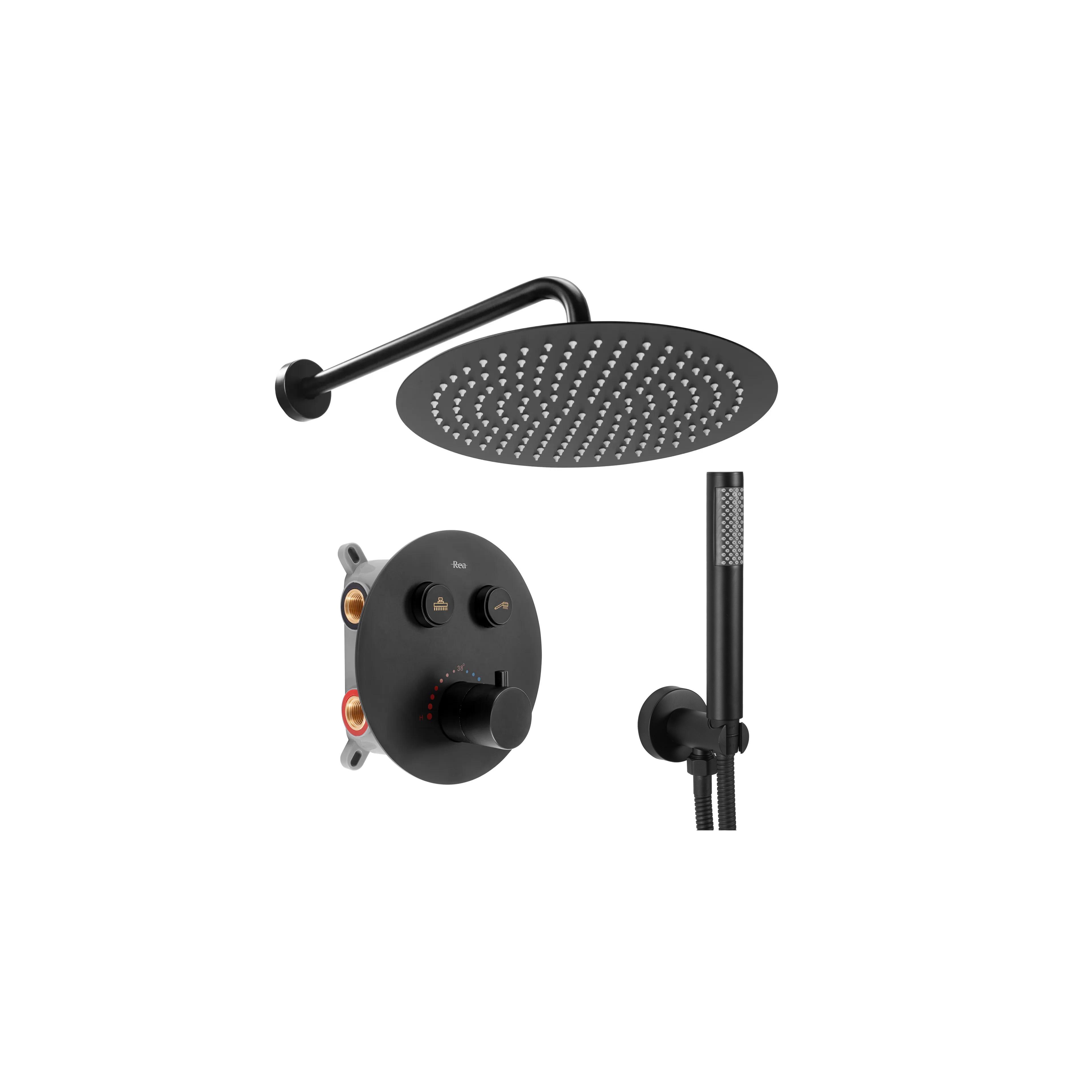 LUNGO Slēptās dušas komplekts melns matēts ar termostatu + BOX