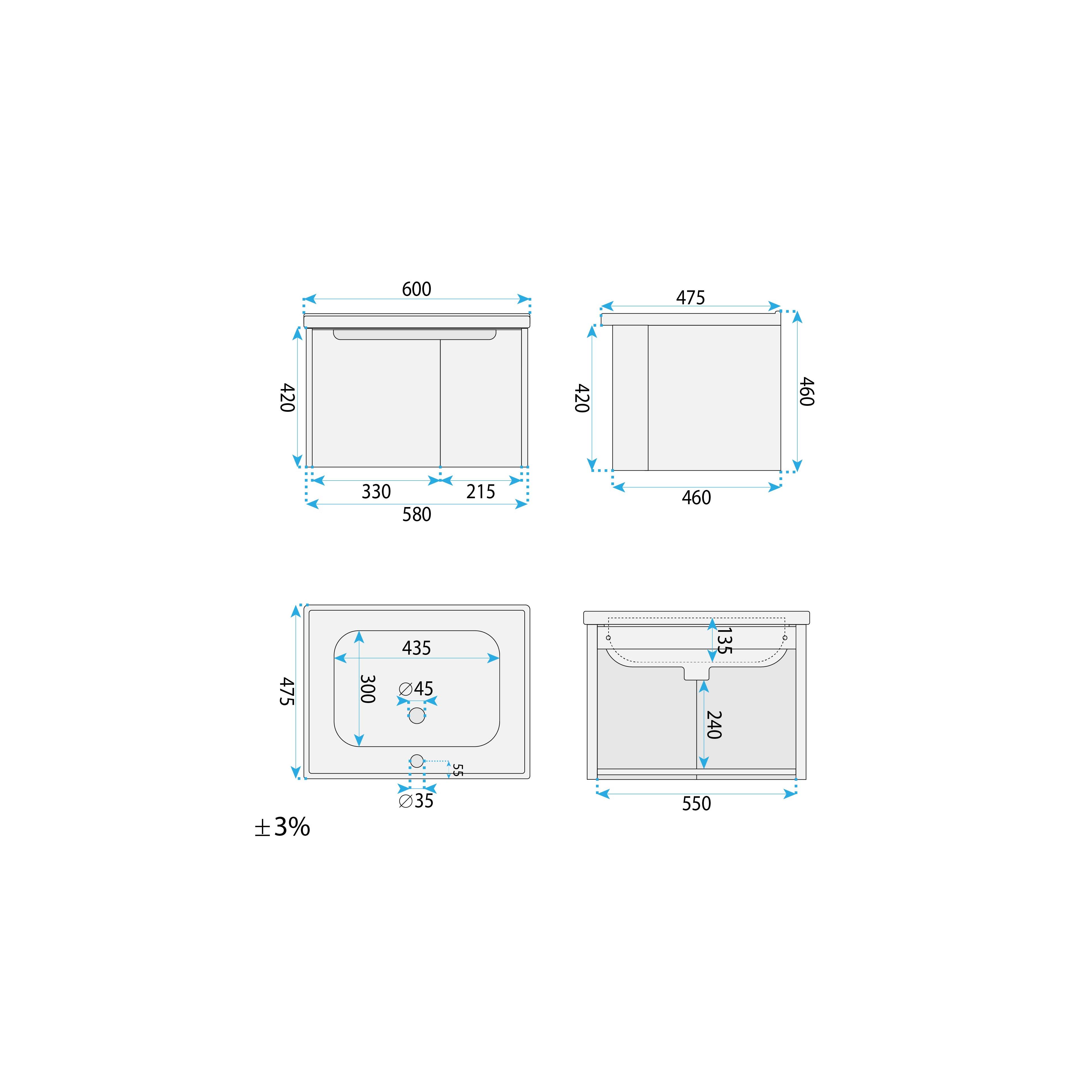 Bathroom vanity unit with sink Rea DB86-60L-3 Light 60cm