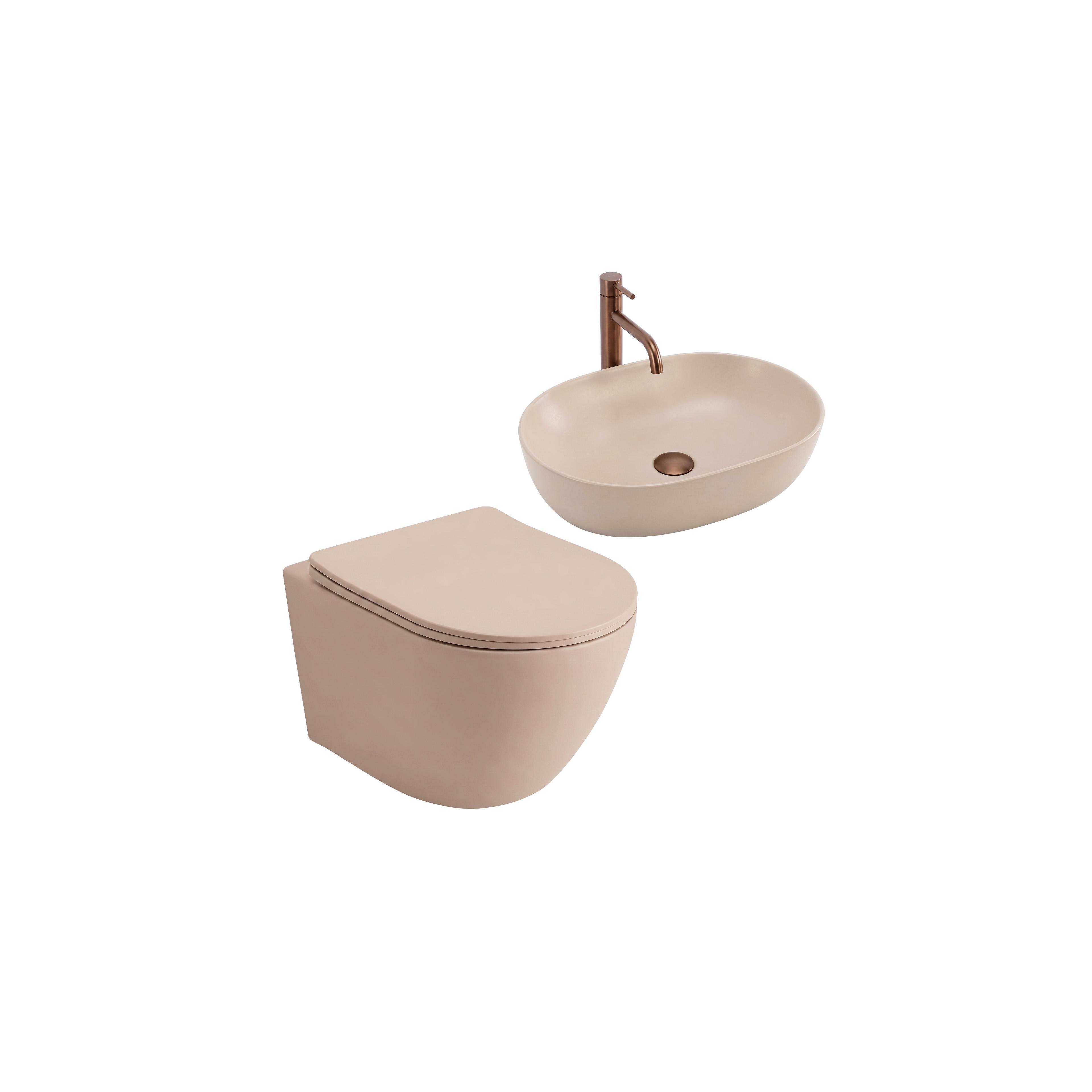Set: Wandhängendes WC + Aufsatzwaschbecken Rea Duo Caffe Latte Matt