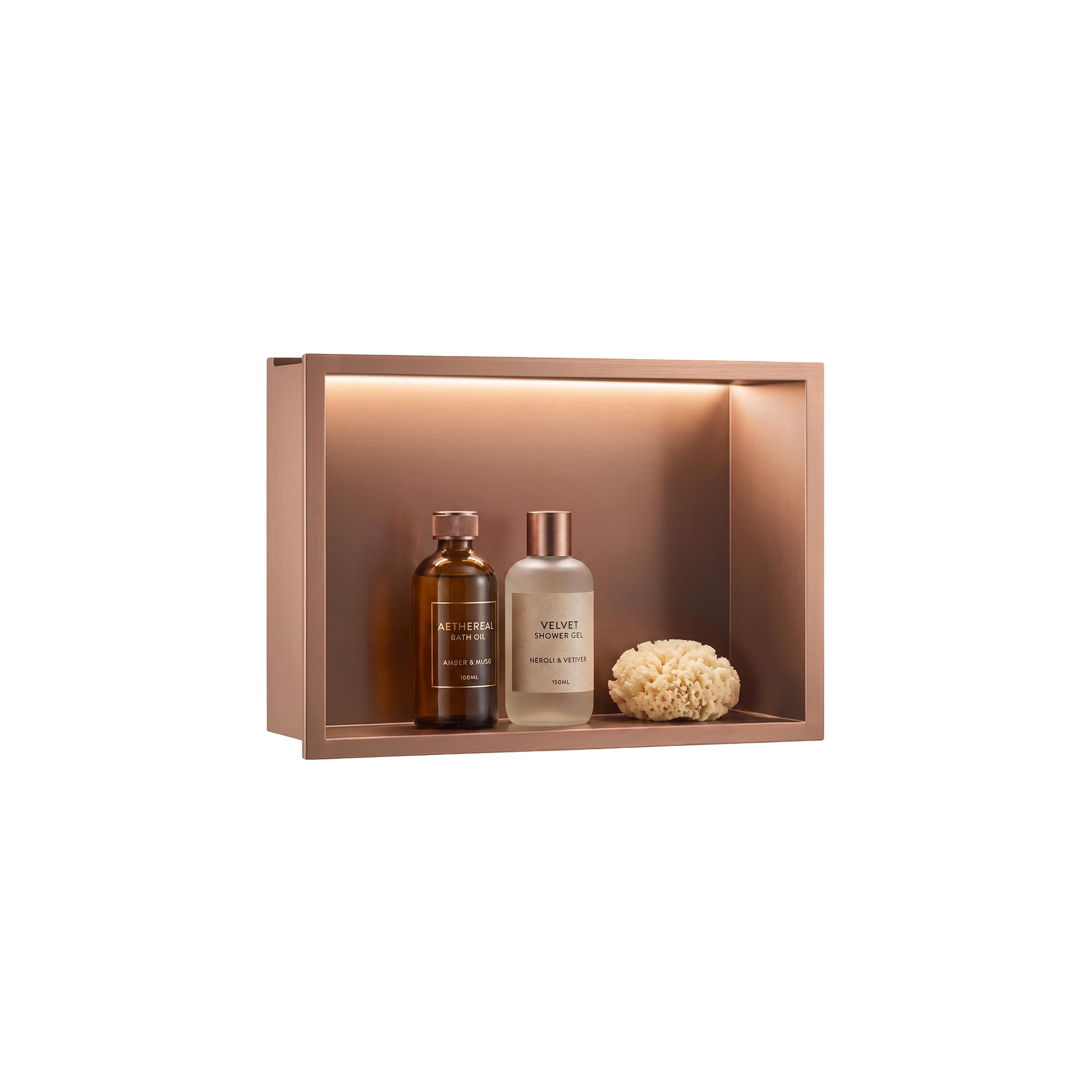 WANDEINBAU-BADEZIMMERREGAL LED 30x45 brush copper
