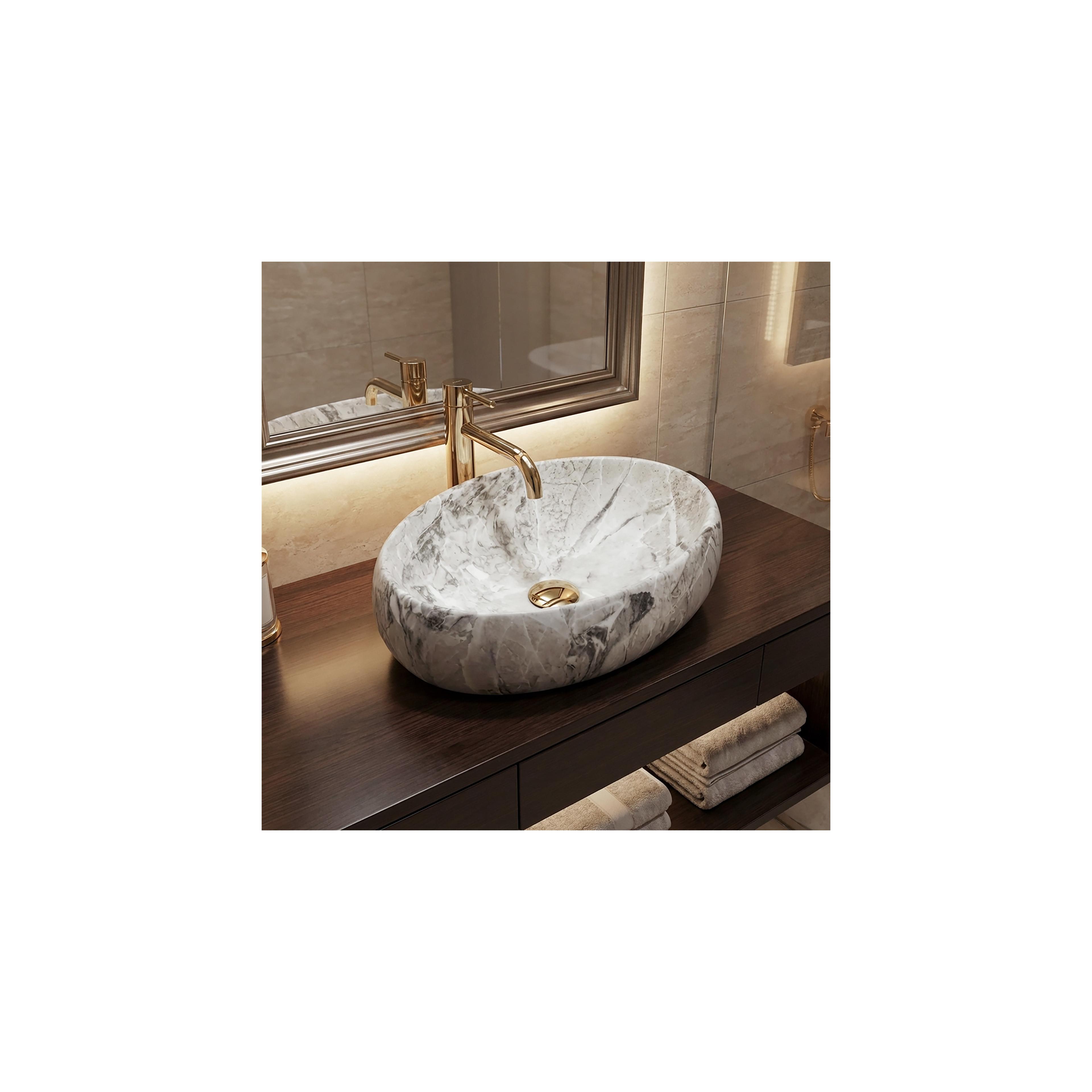 Set Aufsatzwaschbecken Linda stone + Waschbeckenarmatur Lungo gold + Stöpsel gold