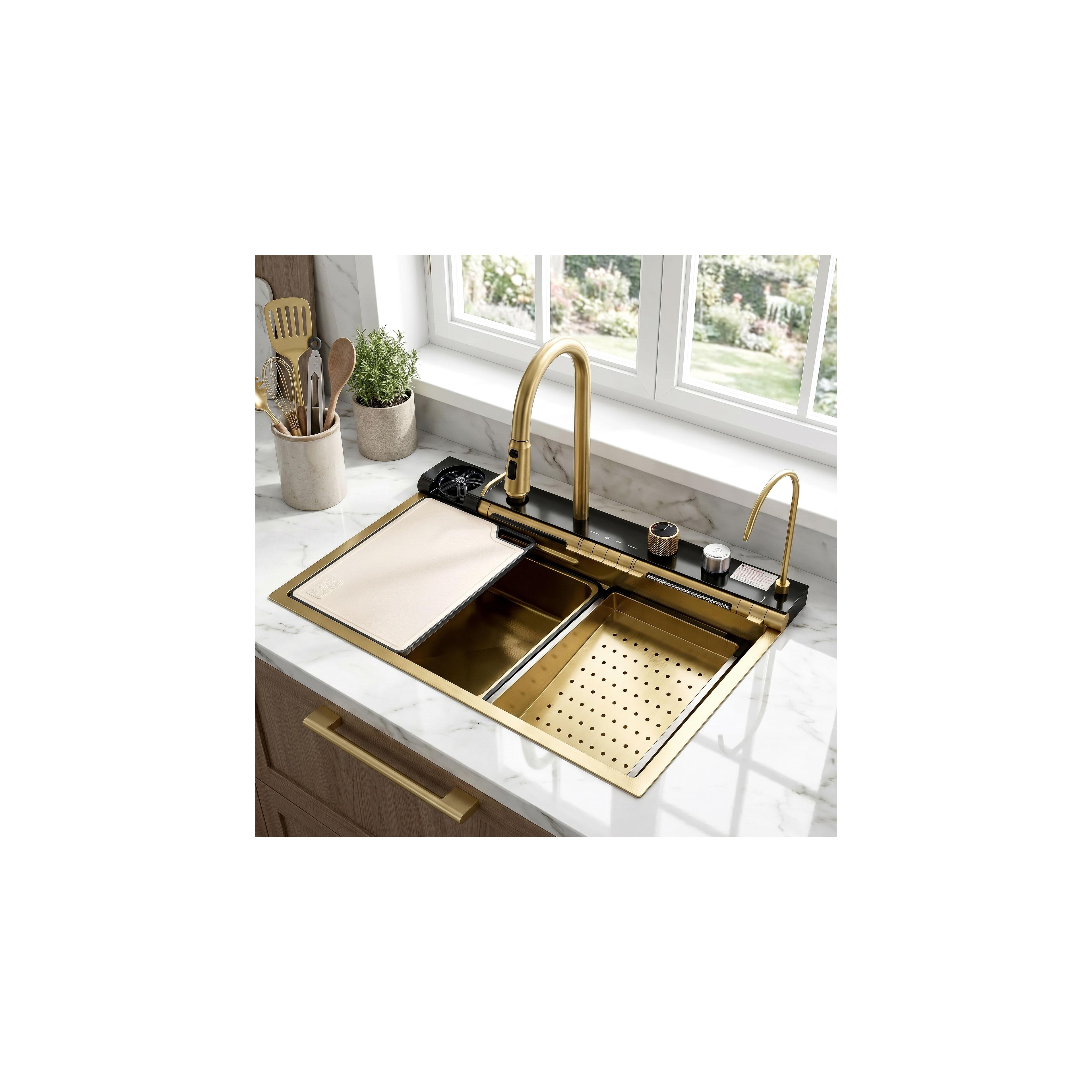 Multifunktionale 10-in-1-Stahlspüle REA Alonzo Brush Gold