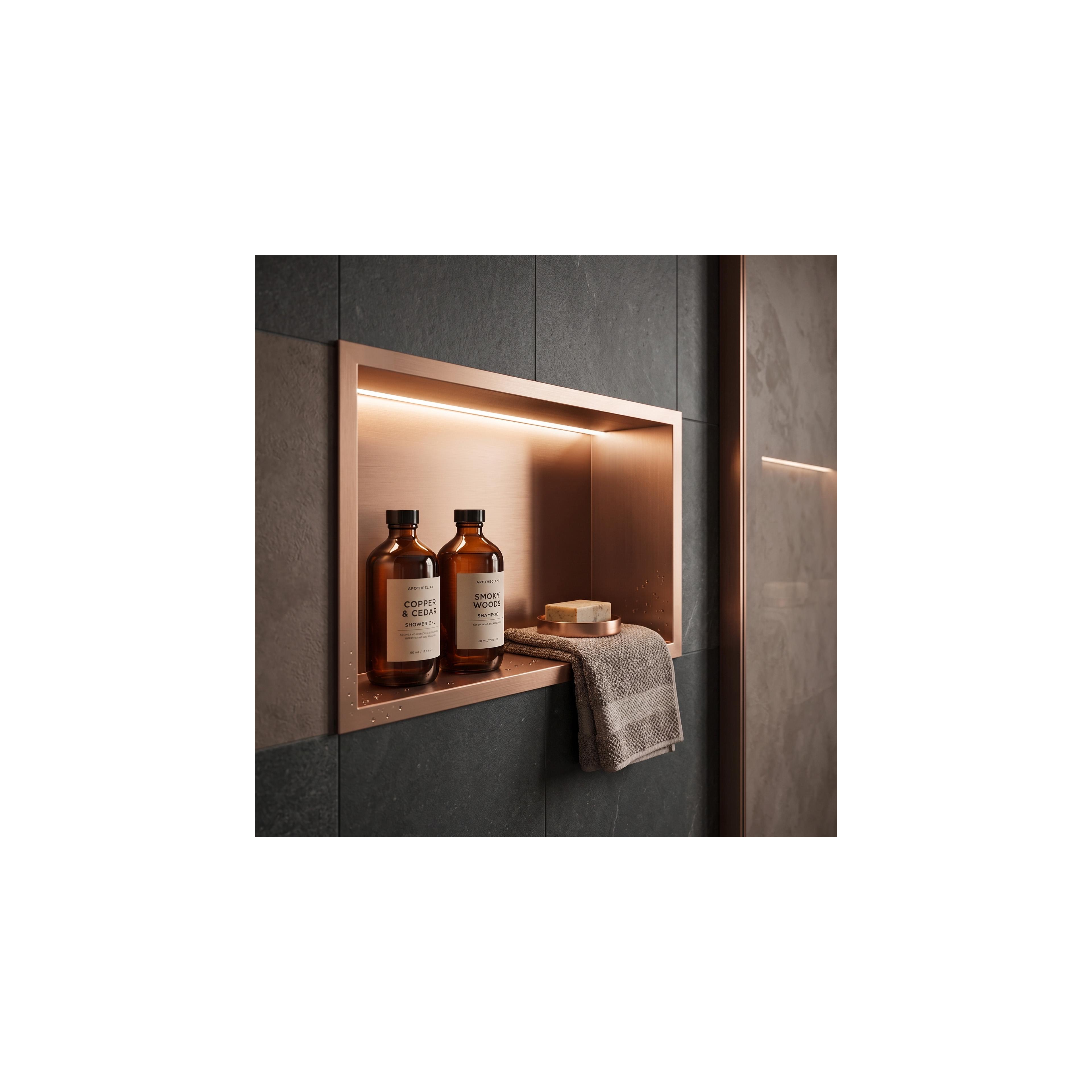 WANDEINBAU-BADEZIMMERREGAL LED 30x45 brush copper