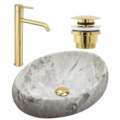 Set Vasque à poser Linda stone + Robinet de lavabo Lungo gold + Bonde gold