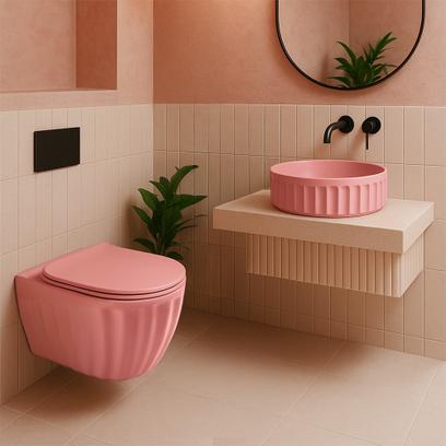 Súprava: Závesná WC misa + Umývadlo na dosku Rea Light Pink Matt